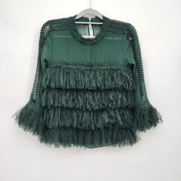 Mod X Evergreen Mesh Ladder Lace Sleeve Keyhole Back Tiered Tulle Top Women's XS - Picture 2 of 12